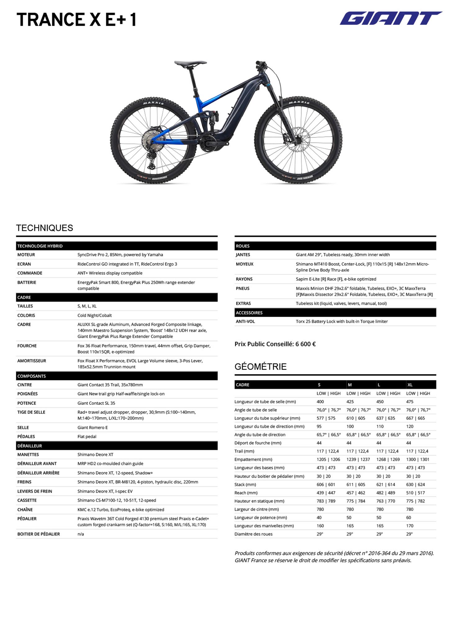 Fiche technique du velo électrique Trance X E+ 1 année 2023